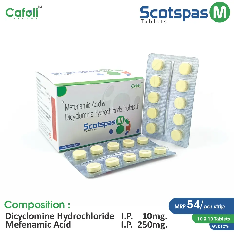 Dicyclomine (10mg) + Mefenamic Acid (250mg) Scotspas Tablet at best price in PCD Pharma Franchise for gastrointestinal disorders.